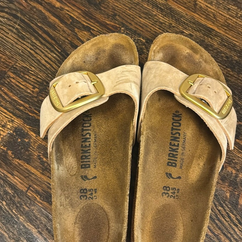 Birkenstock Women's Beige Sandals with Gold Buckle. Madrid style